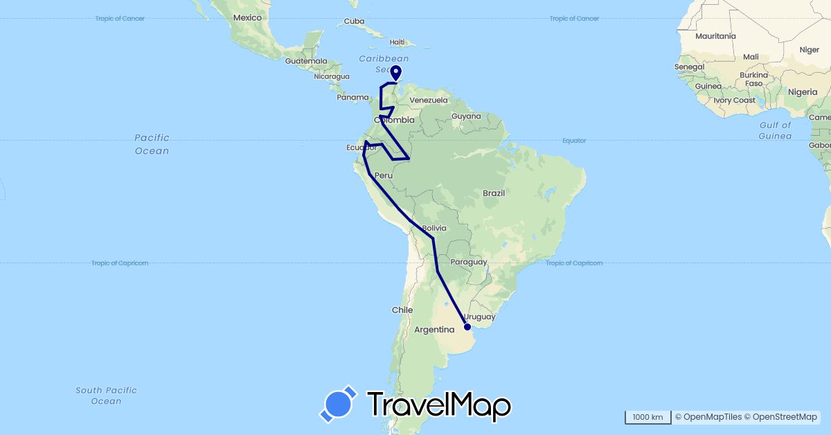 TravelMap itinerary: driving in Argentina, Bolivia, Colombia, Ecuador, Peru (South America)